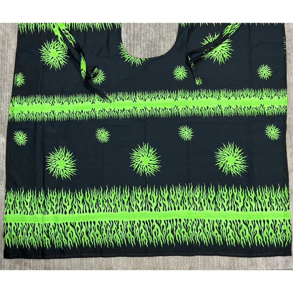 Rima Kaftan Cover Up Women OS Green Black Sunburst Flame Graphic Side Tie Poncho